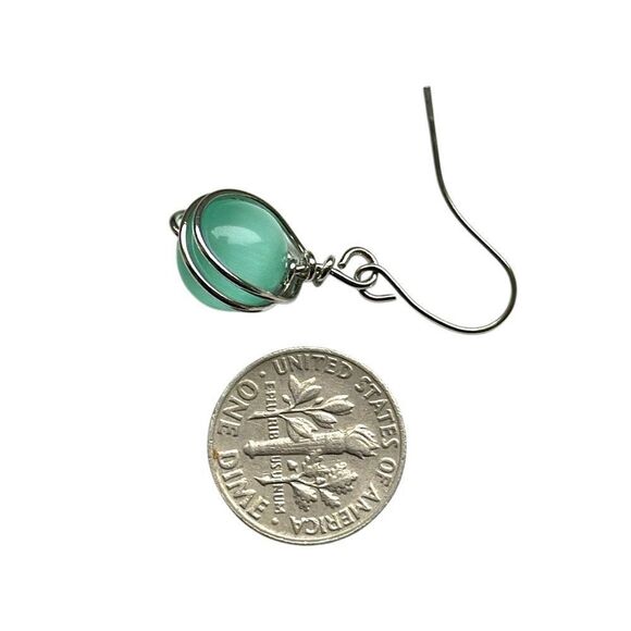 Seafoam Glass Orb Drop Earrings – Wire Wrapped Silver Tone with Keepsake Pouch - Picture 3 of 6